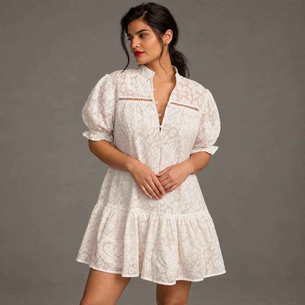 NWT Anthropologie Porridge Tiered Lace Tunic Mini Dress L Ivory Floral Cotton